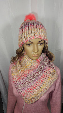 Handmade Dragonfly Button Knit Hat and Cowl Set in Summer Fruits, with Czech Glass Button and Faux Fur Pom