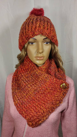 Handmade Knit and Cowl Scarf Set in Autumn Leaves, with Dragonfly Czech Glass Button, Faux Fur Pom on Hat