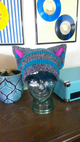 Cheshire Cat Inspired Hat, The Cheshie in Burtonesque Tabby Grey and Blue