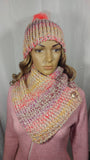 Handmade Dragonfly Button Knit Hat and Cowl Set in Summer Fruits, with Czech Glass Button and Faux Fur Pom