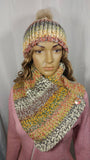 Handmade Dragonfly Button Hat and Cowl Scarf Set in Autumn Forrest, with Czech Glass Button and Faux Fur Pom