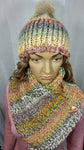 Handmade Dragonfly Button Hat and Cowl Scarf Set in Autumn Forrest, with Czech Glass Button and Faux Fur Pom