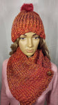 Handmade Knit and Cowl Scarf Set in Autumn Leaves, with Dragonfly Czech Glass Button, Faux Fur Pom on Hat