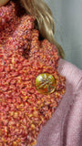 Handmade Knit and Cowl Scarf Set in Autumn Leaves, with Dragonfly Czech Glass Button, Faux Fur Pom on Hat