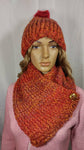 Handmade Knit and Cowl Scarf Set in Autumn Leaves, with Dragonfly Czech Glass Button, Faux Fur Pom on Hat