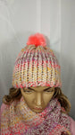 Handmade Dragonfly Button Knit Hat and Cowl Set in Summer Fruits, with Czech Glass Button and Faux Fur Pom