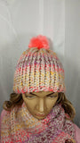 Handmade Dragonfly Button Knit Hat and Cowl Set in Summer Fruits, with Czech Glass Button and Faux Fur Pom