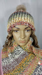 Handmade Dragonfly Button Hat and Cowl Scarf Set in Autumn Forrest, with Czech Glass Button and Faux Fur Pom